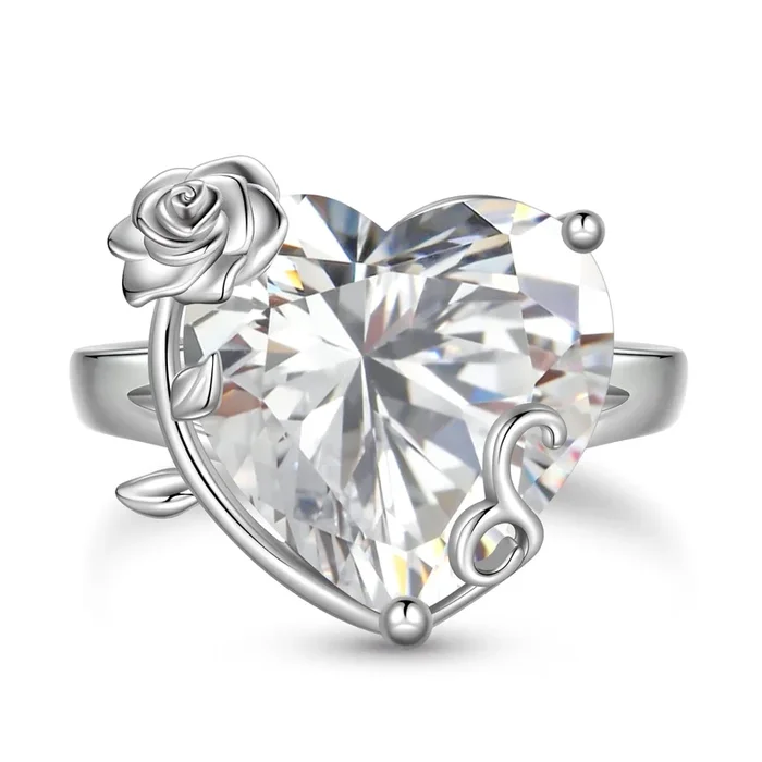 Bague cœur femme 9 carats en argent sterling 925, ornée d’une rose, pierre de naissance d’avril, diamant et cristal solitaire. Bijou de mariage ou cadeau d’anniversaire.