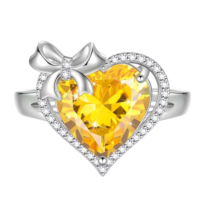 Bague femme en argent sterling 925 avec cœur, nœud papillon et citrine (pierre de naissance de novembre) , ornée d’un cœur de 6 carats. Bijou idéal pour Noël, un anniversaire ou la Saint-Valentin. Cadeau parfait pour une mère ou une grand-mère.