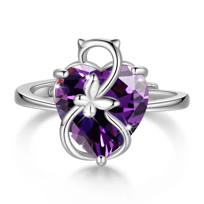 Bague solitaire en argent sterling 925 avec motif chat et papillon, ornée d’une améthyste violette (pierre de naissance de février) . Bijou idéal pour une amoureuse des chats ou pour la Saint-Valentin.