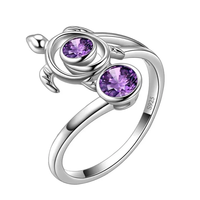 Bague tortue avec pierre de naissance février, améthyste, bijoux pour femmes et filles, cadeau d’anniversaire en argent sterling