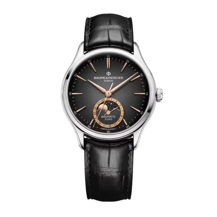 Baume et Mercier Clifton Baumatic Moonphase automatique watch gray dial black leather strap 39 mm 10758 – Lepage