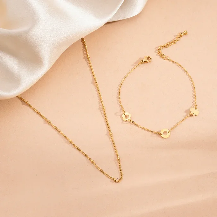 Beaded Chain Necklace & Dainty Flower Bracelet Combo Set