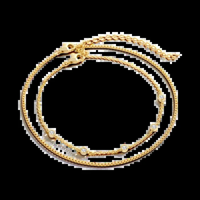Bezel Set Diamond Bracelet and Box Chain Bracelet Stacking Set