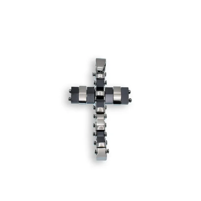 Black & Rhodium Plated Stainless Steel Flexible Cross Pendant – SSP00485