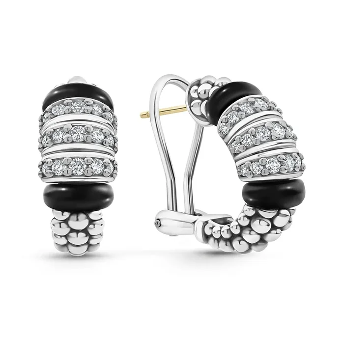 Black Caviar Three Station Ceramic Diamond Hoop Earrings