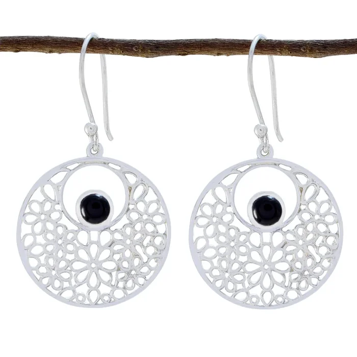 Black Onyx African Ellie Solitaire Dangle Black 92.5 Silver Earring