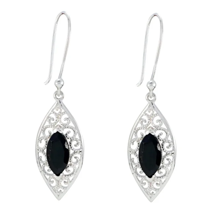 Black Onyx American Luna Solitaire Dangle Black 925 Sterling Silver Earring