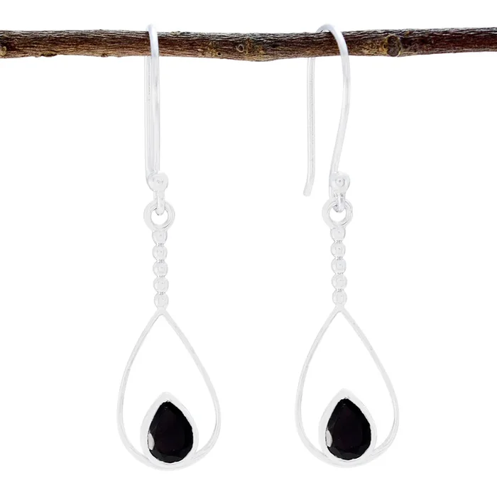 Black Onyx Egyptian Savannah Solitaire Dangle Black Silver Earring