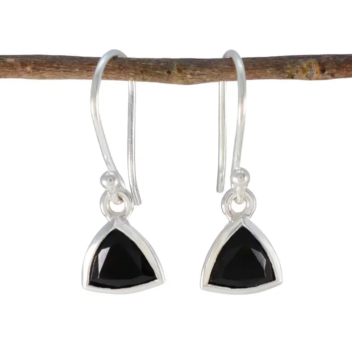 Black Onyx Russian Chen Solitaire Dangle Black 925 Silver Earring