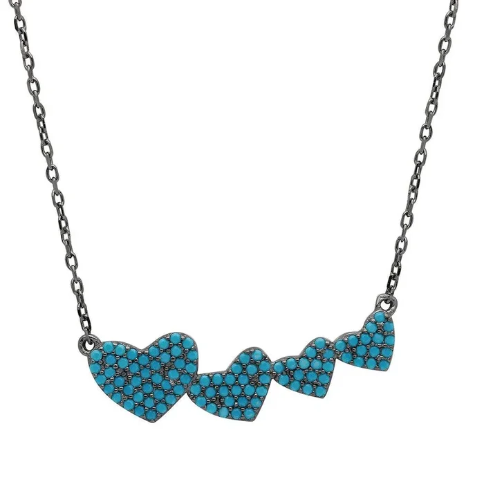 Black Rhodium Plated 925 Sterling Silver 4 Graduated Turquoise Encrusted Heart Necklace – STP01538BP