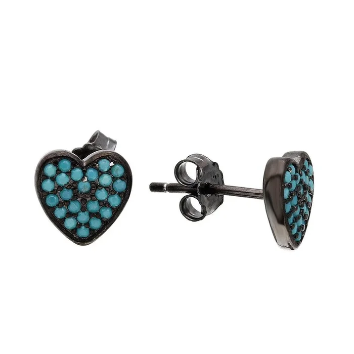 Black Rhodium Plated 925 Sterling Silver Heart Earrings with Turquoise Stones – STE01074BLU