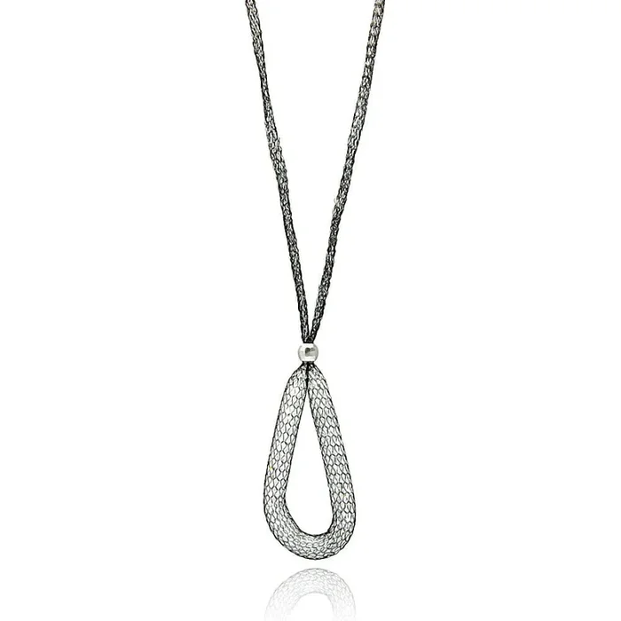 Black Rhodium Plated 925 Sterling Silver Mesh Necklace and Dropped Mesh Teardrop with Filled CZ – ITN00077BLK