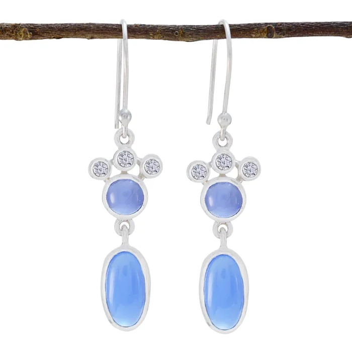 Blue Chalcedony African Haruka Toi et Moi Dangle Blue 925 Silver Earring