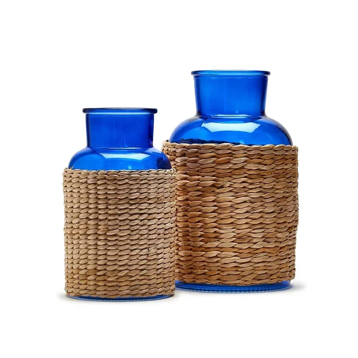Blue Glass Candle Holder / Vase with Rattan Wrap – Glass/Sea Grass ( Large one)