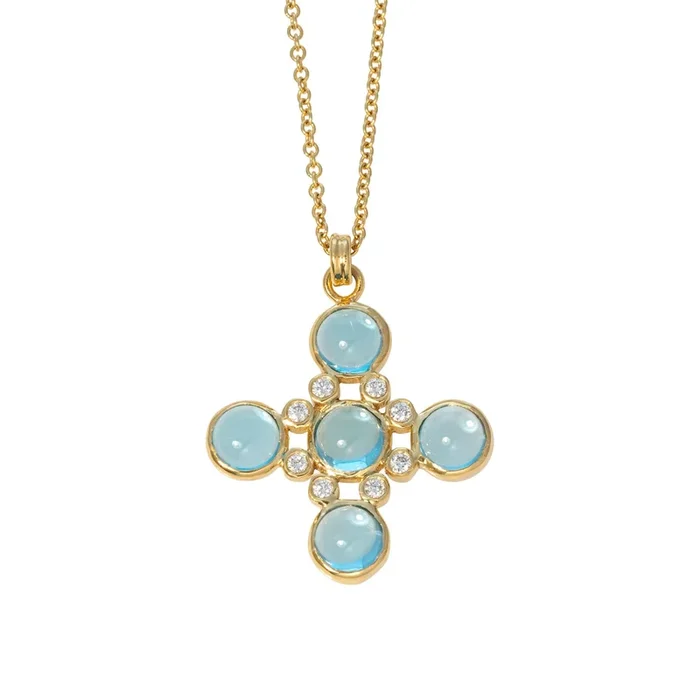 Blue Topaz & Diamond Cross 14K Gold Pendant Necklace
