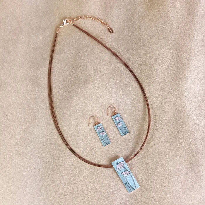 Boho Flower Portrait Jewelry Set, Rose Gold Necklace and Earrings Set, Bohemian Chic Pink and Blue Floral Statement, Unique Gift Earrings and Pendant