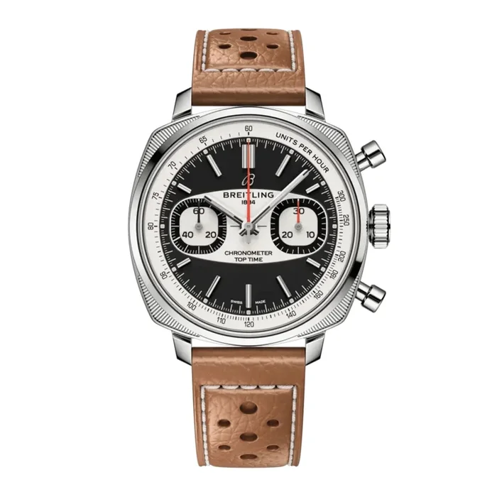 Breitling Top Time B01 Racing automatic watch, black dial, brown leather strap, 38 mmAB01771A1B1X1 – Lepage
