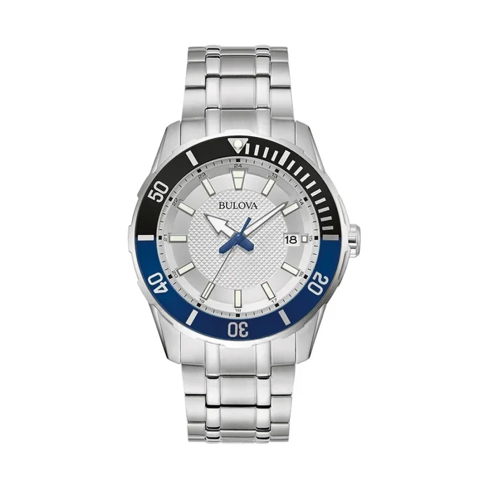 Bulova 42MM Blue Bezel Stainless Steel Watch. 98B441