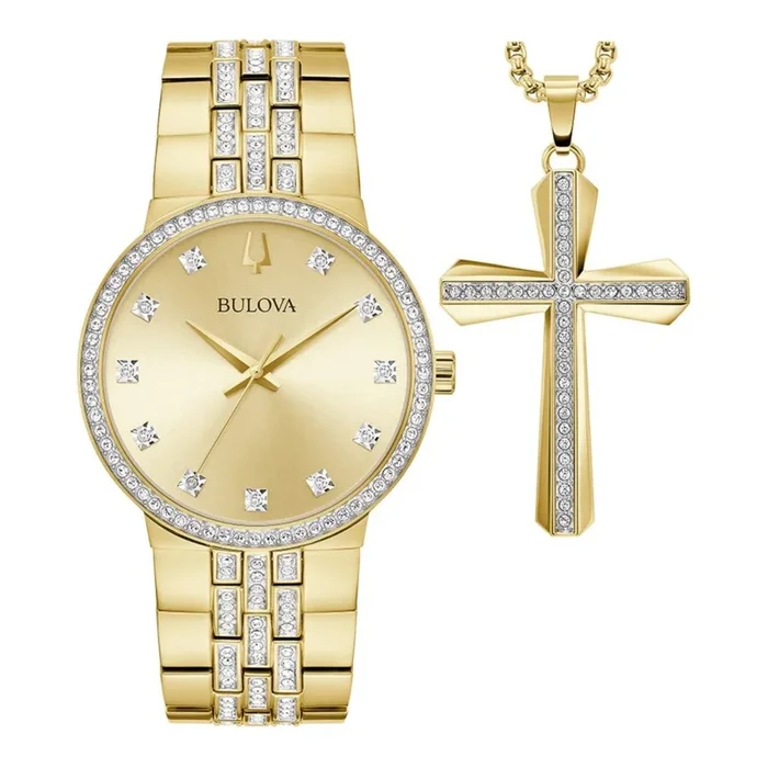 Bulova Crystal Accent Goldtone Watch with 40MM Dial and Cross Pendant Box Set. 98K113