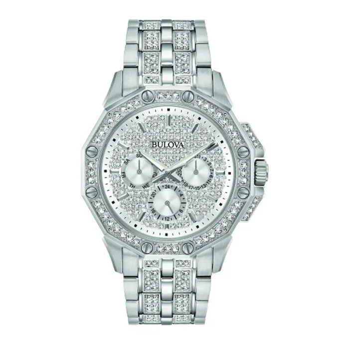 Bulova Crystal Collection Watch with 41MM Silvertone Round Dial and Stainless Steel Bracelet. 96C134