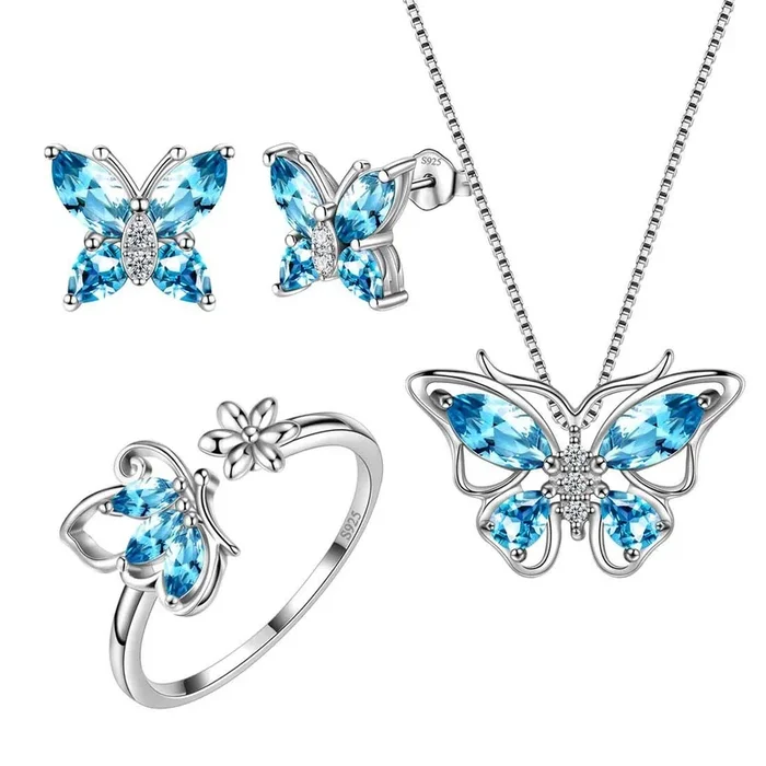 Butterfly Birthstone March Aquamarine Jewelry Set 4PCS Women Girls Birthday Gift