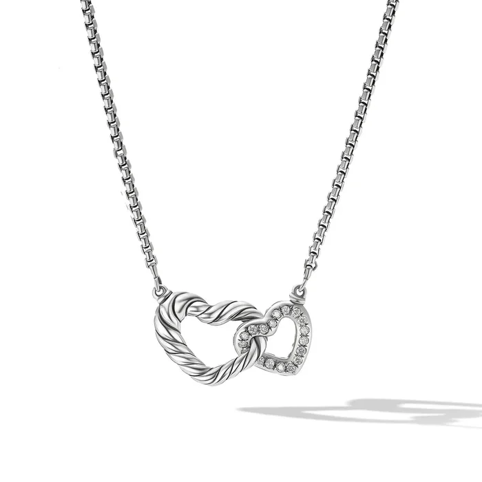 Cable Collectibles® Interlocking Heart Necklace in Sterling Silver with Diamonds, 16.4mm