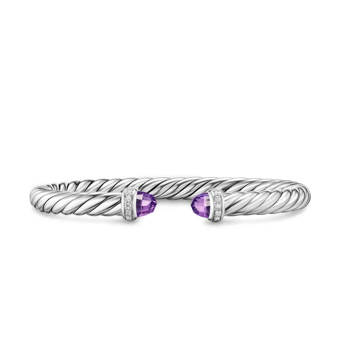 Cable Flex® Bracelet in Sterling Silver with Amethyst and Diamonds, 6mm