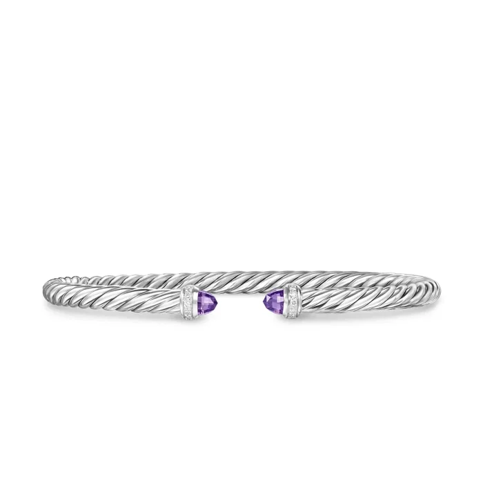 Cablespira Flex® Bracelet in Sterling Silver with Amethyst and Diamonds, 4mm
