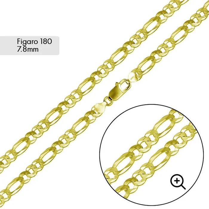 Cadena o pulsera Figaro 180 súper plana chapada en oro plateado de 7,8 mm – CH275 GP