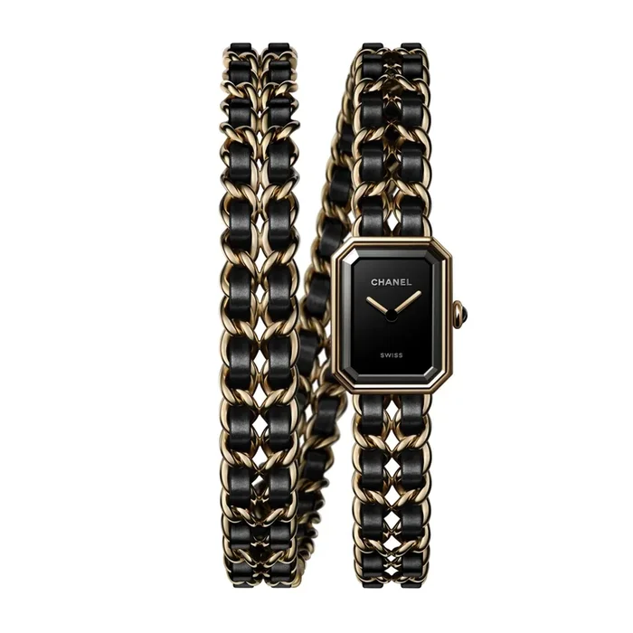 CHANEL watch, First Edition, Iconic Double Tour chain, black lacquered dial, yellow gold steel and black leather bracelet, 20 mm
