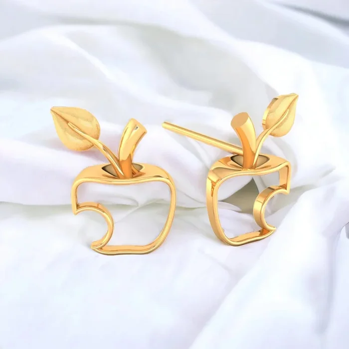 Charming Apple Stud Earrings In 14K Gold With Leaves And Stems