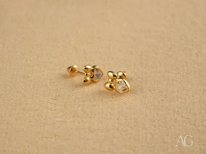Charming Bow: 18k Gold CZ Heart Bow Earrings