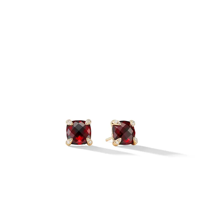 Chatelaine® Stud Earrings in 18K Yellow Gold with Garnet and Diamonds, 8mm