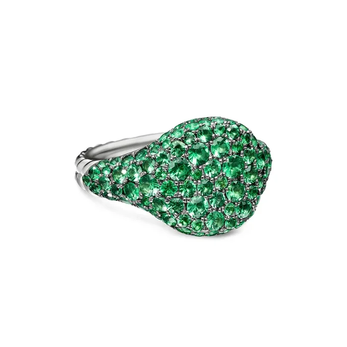 Chevron Pinky Ring in 18K White Gold with Pavé Emeralds, 10mm