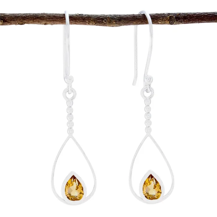 Citrine French Isabella Solitaire Dangle Yellow 925 Silver Earring