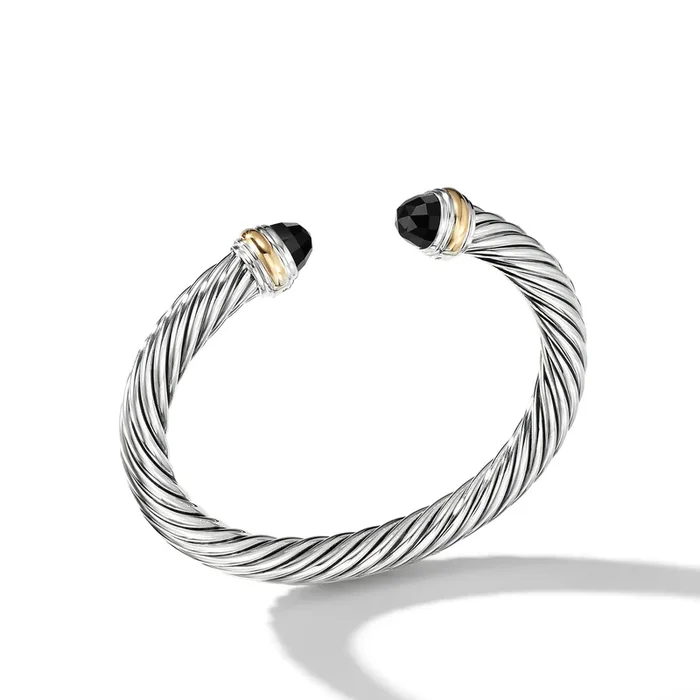 Classic Cable Bracelet in Sterling Silver with 14K Yellow Gold and Black Onyx, 7mm