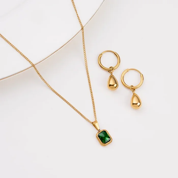 Classic Emerald Necklace & Waterdrop Hoop Earrings Combo Set