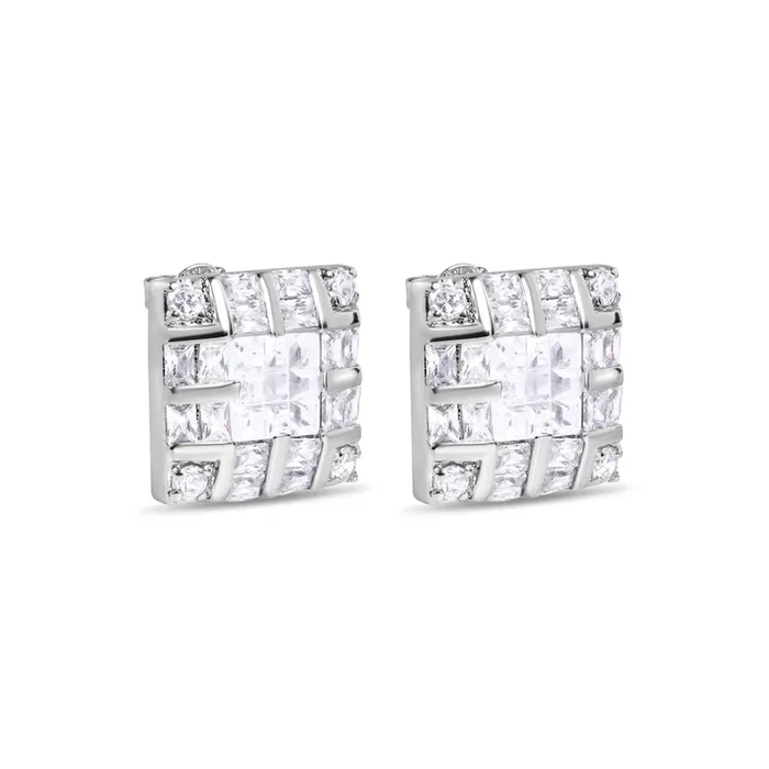 Clearance-Rhodium Plated 925 Sterling Silver Square INV Clear CZ Earrings- STEM131