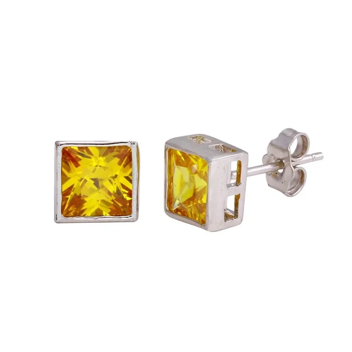 Clearance-Rhodium Plated 925 Sterling Silver Square Yellow CZ Stud Earring – STEM151-7MM