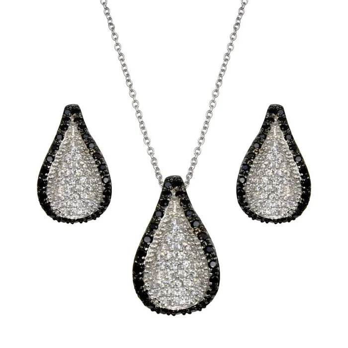 Clearance-Silver 925 Black and Rhodium Plated Teardrop Black CZ Lever Back Set – STS00277