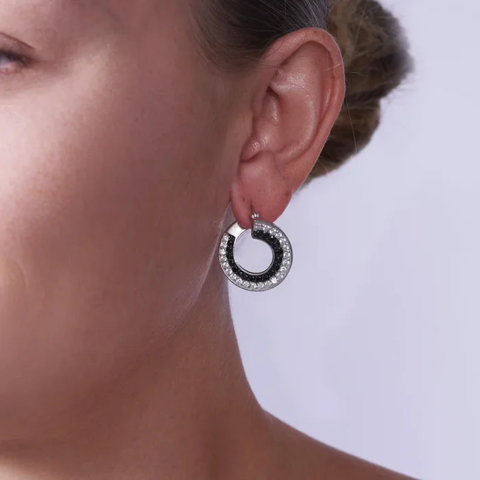 Clearance-Silver 925 Black and Silver Rhodium Plated Twirl Round Ramp CZ Hoop Earrings – STE00558