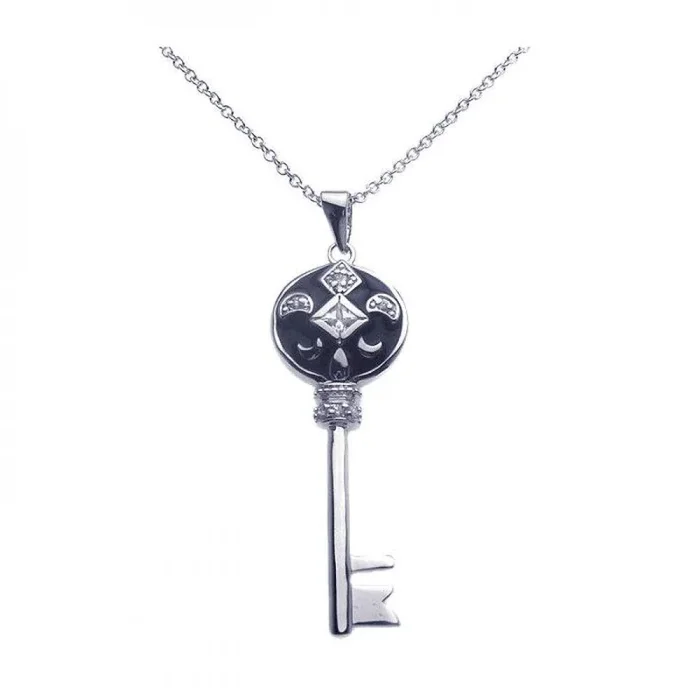 Clearance-Silver 925 Black Rhodium Key CZ Dangling Necklace – BGP00263