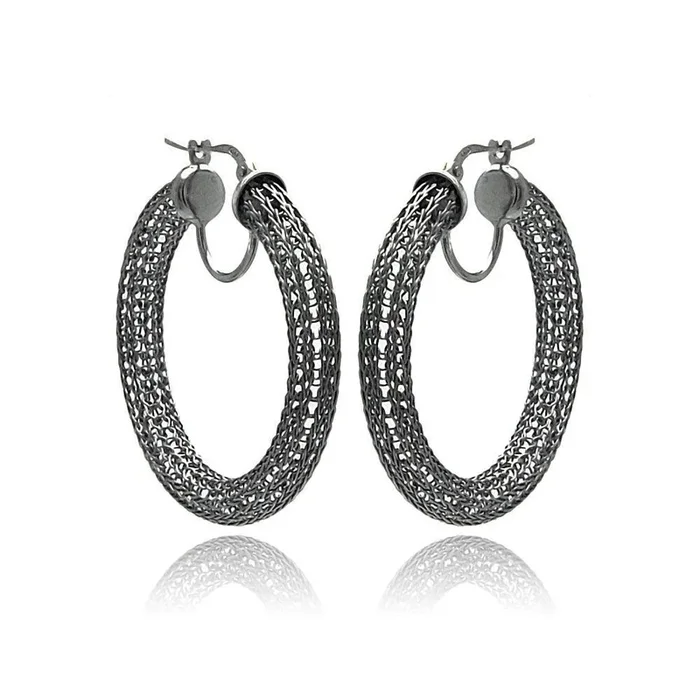 Clearance-Silver 925 Black Rhodium Mesh Plated Hoop Earrings – ITE00039BLK