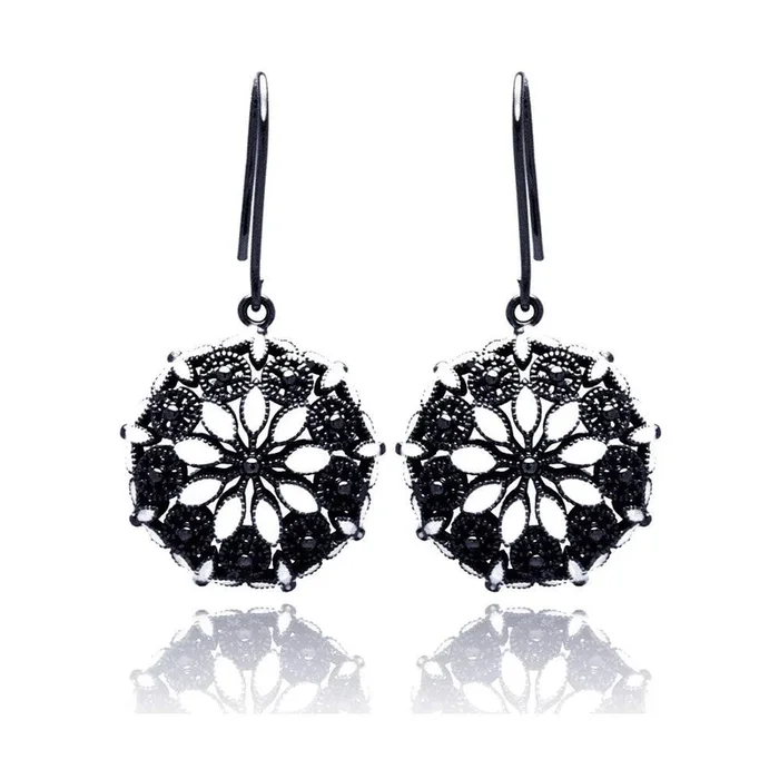 Clearance-Silver 925 Black Rhodium Plated Round Marquis Clear CZ Dangling Hook Earrings – BGE00193