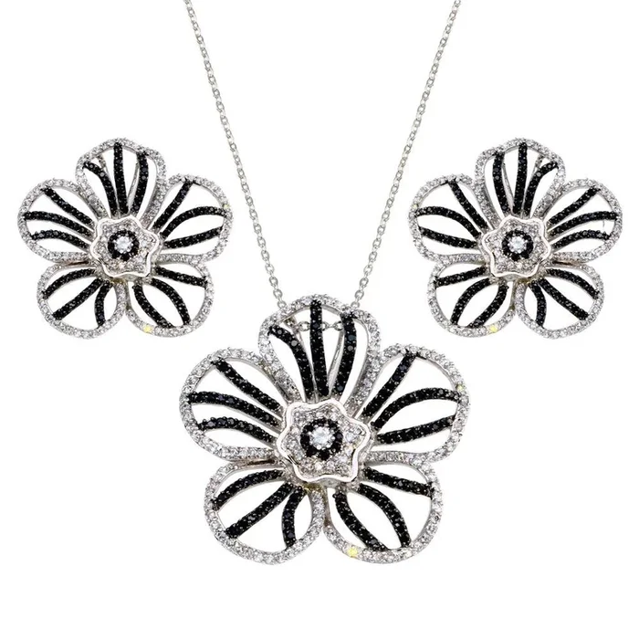 Clearance-Silver 925 Rhodium and Black Rhodium Plated Clear and Black Flower CZ Stud Earring and Necklace Set – BGS00154