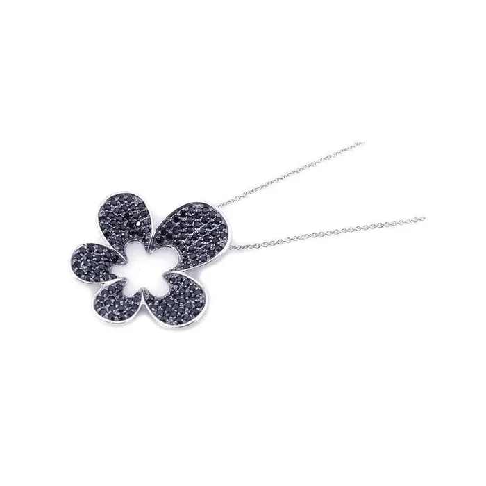 Clearance-Silver 925 Rhodium Plated Black CZ Flower Pendant Necklace – STP00818