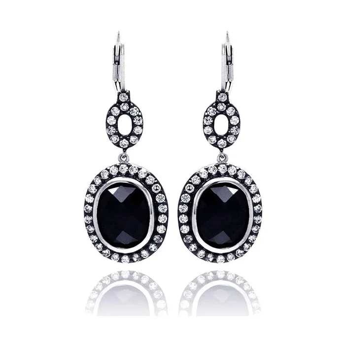 Clearance-Silver 925 Rhodium Plated Black Round CZ Dangling Earrings – STE00534