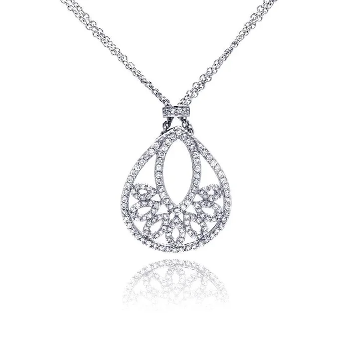 Clearance-Silver 925 Rhodium Plated Clear CZ Drop Shape Pendant Necklace – STP00619