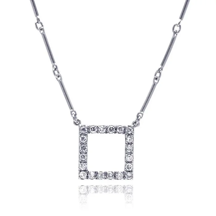 Clearance-Silver 925 Rhodium Plated CZ Open Square Pendant Necklace – STP00450