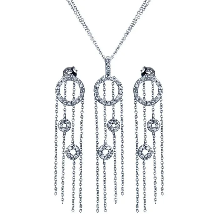 Clearance-Silver 925 Rhodium Plated Heart Open Circle CZ Multi Strand Stud Earring and Necklace Set – STS00062